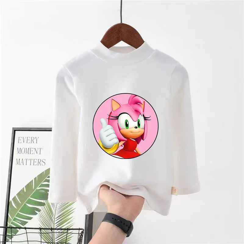 Sonics Print Long Sleevese Pure Color Women T-shirt Top Cotton Casual Cute Cartoon Anime Sweat Absorbent Breathable Shirt Kids