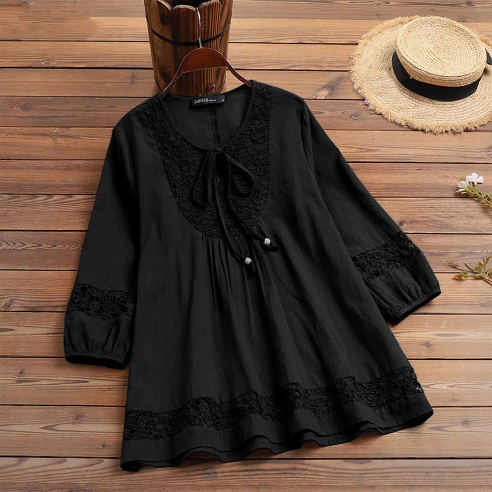 Spring And Summer Plus Size Fashion Vintage 3/4 Sleeve O-neck Pleated Lace Blouse