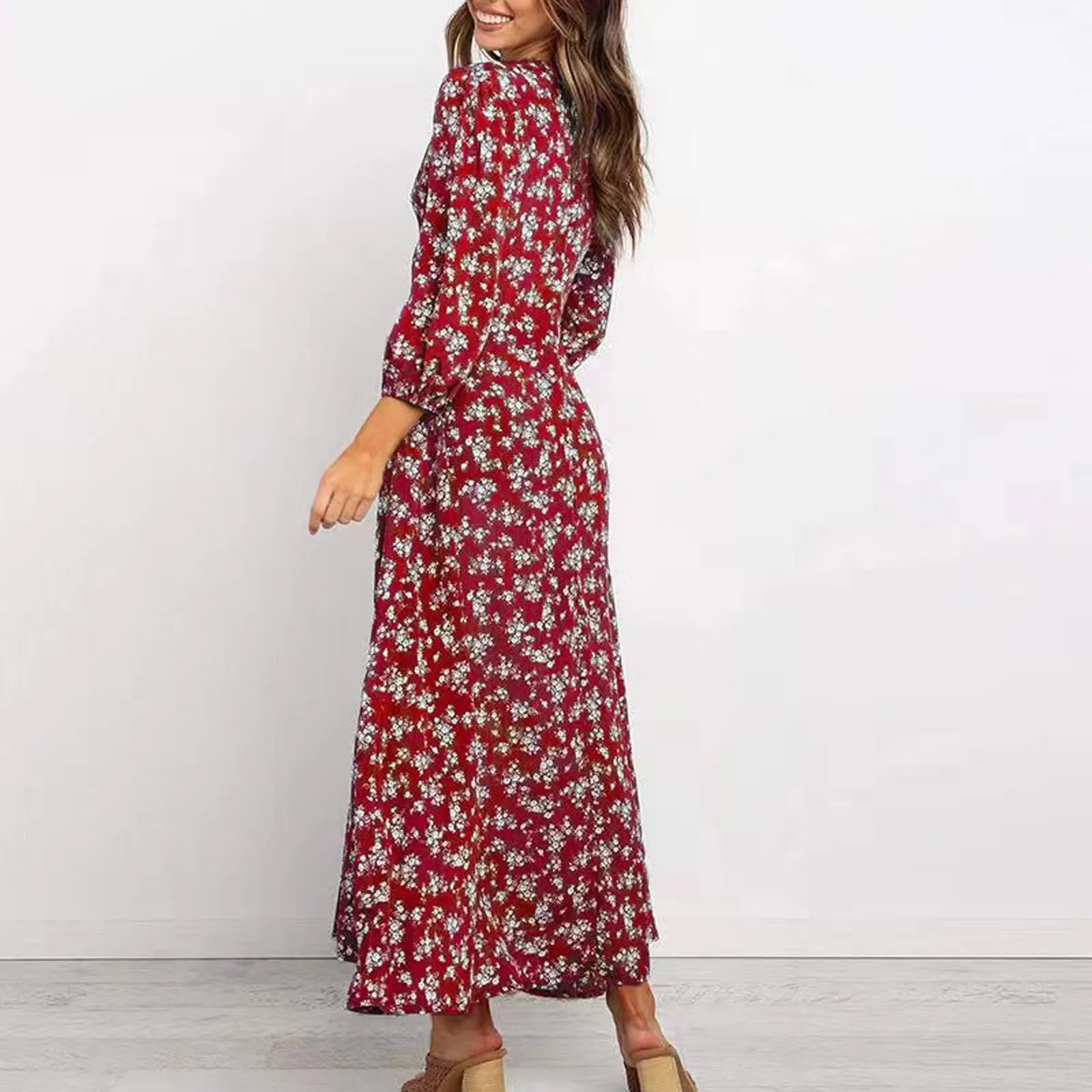 Women's Long Sleeve Bohemian Floral Maxi Dresses Loose Casual High Waist Boho Printed Maxi Dress