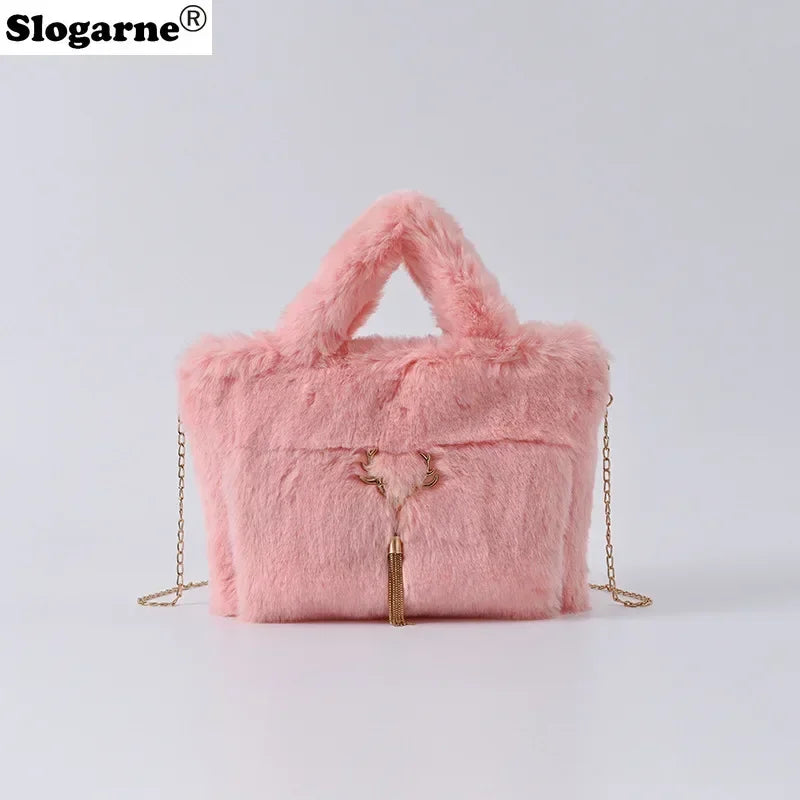 New Women's Faux Rabbit Fur Handbag Plush Shoulder Bag