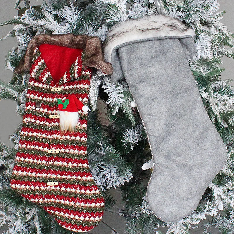 Plaid Christmas stockings knitted candy bag Christmas tree hanging socks