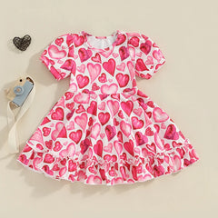 Kids Girl’s Valentine's Day Dress Short Sleeve Crew Neck Heart Print Summer A-Line Princess Dress