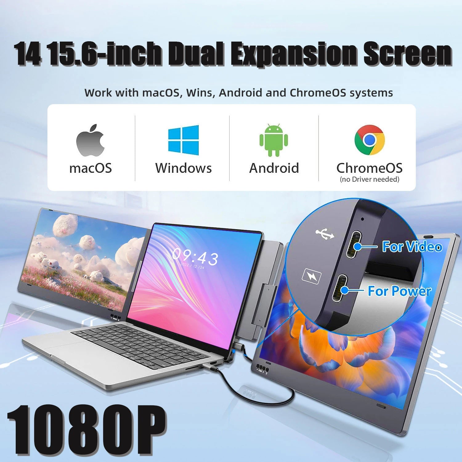 Dual Monitor Laptop Screen Extender Monitor FHD 1080P IPS for Laptops13-16.5" Laptop Monitor for MAC /Wins/Android/Linux/Chrome