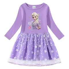 Anime Kawaii Cartoon Dress Cotton Printed Cartoon Stars and Moon Mesh Long Sleeve Princess Dress