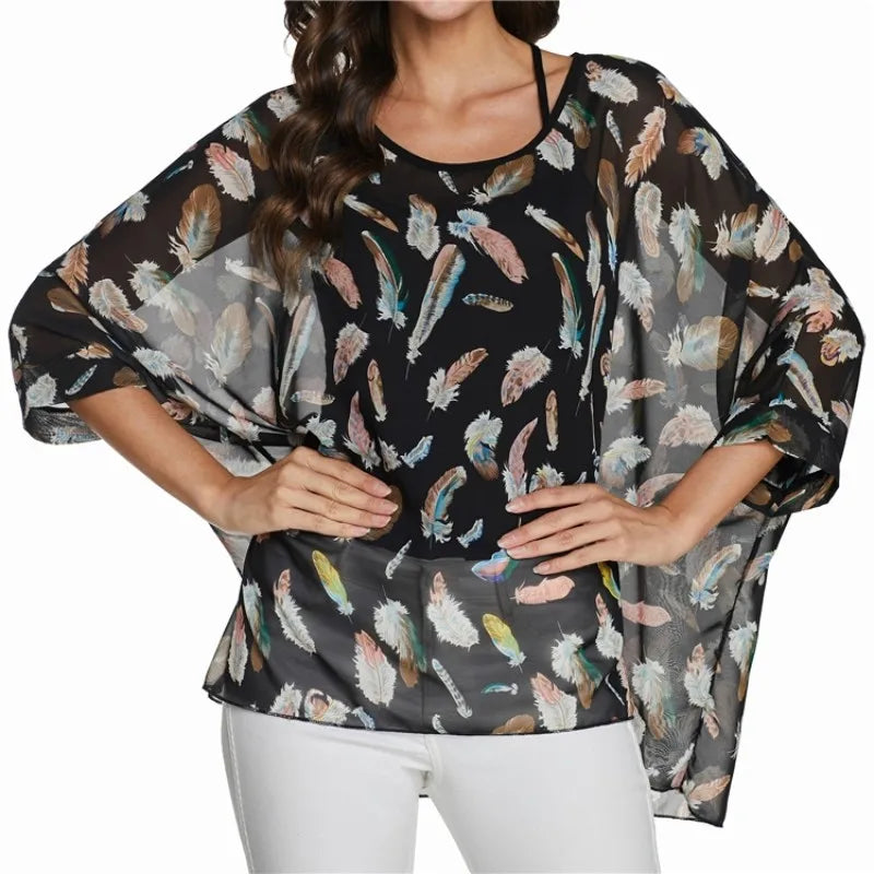 Women chiffon Blouse half Sleeve Beach shirt O-neck Loose summer floral print Casual Bohemian Boho Top