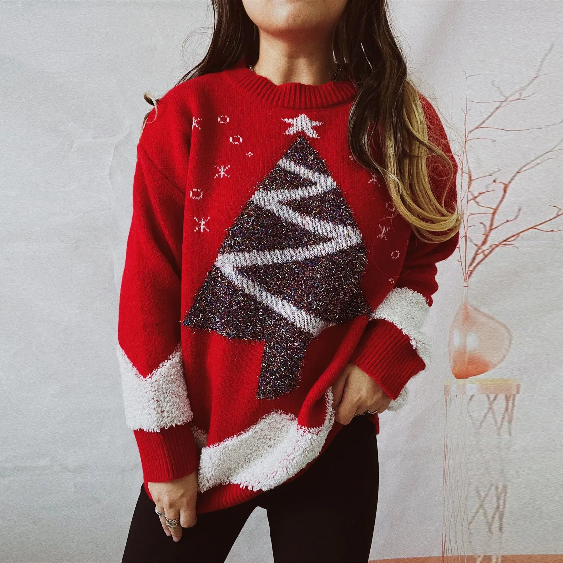 Christmas Sweater Round Neck Long Sleeved Loose Knit Pullover For Women