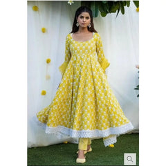 Full Seam Artificial Silk Printed Anarkali Yellow Kurti Pants and Dupatta Salwar Dress