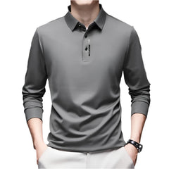 New Men's Business Casual Long Sleeved Shirt with Badge Solid Color Polo Shirt Fashionable Breathable Comfortable Versatile Top