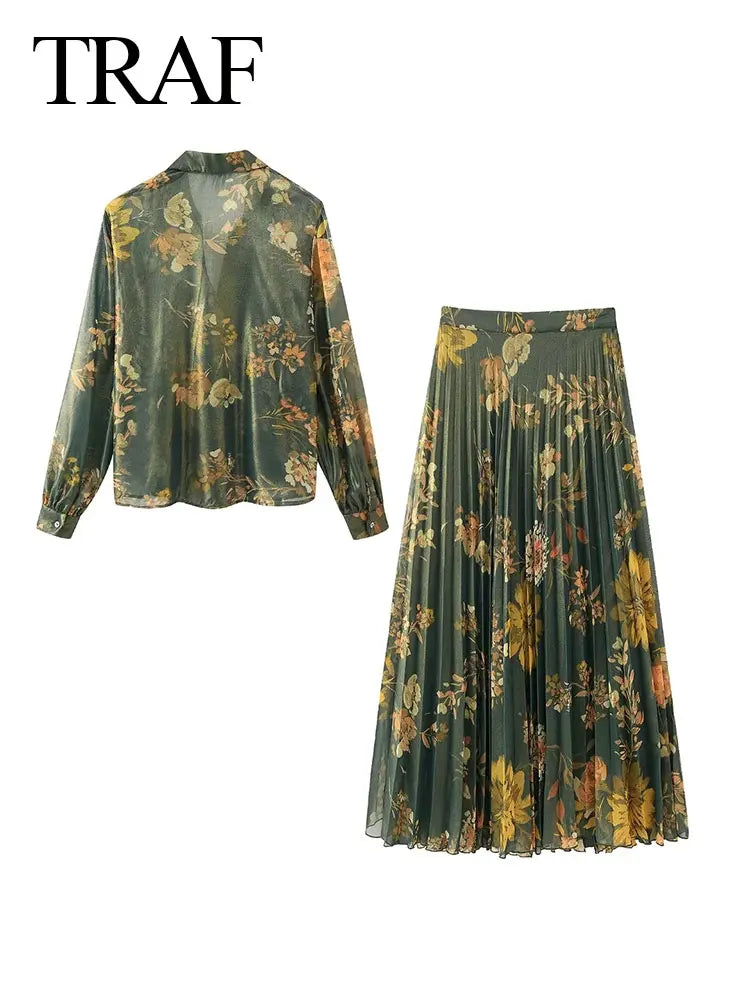 Women's Floral Print Casual Shirt Set  Women's Pleated A-Line Skirt Suit