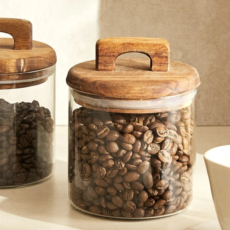 Glass Food Storage Tank with Wooden Lid Kitchen Coffee Beans Candy Tea Grains Canister