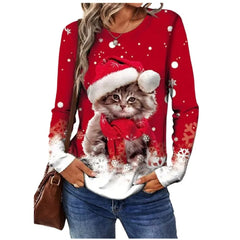 Christmas Snowflake Print T Shirt Casual Cute Cat Graphic O-Neck Long Sleeves Top