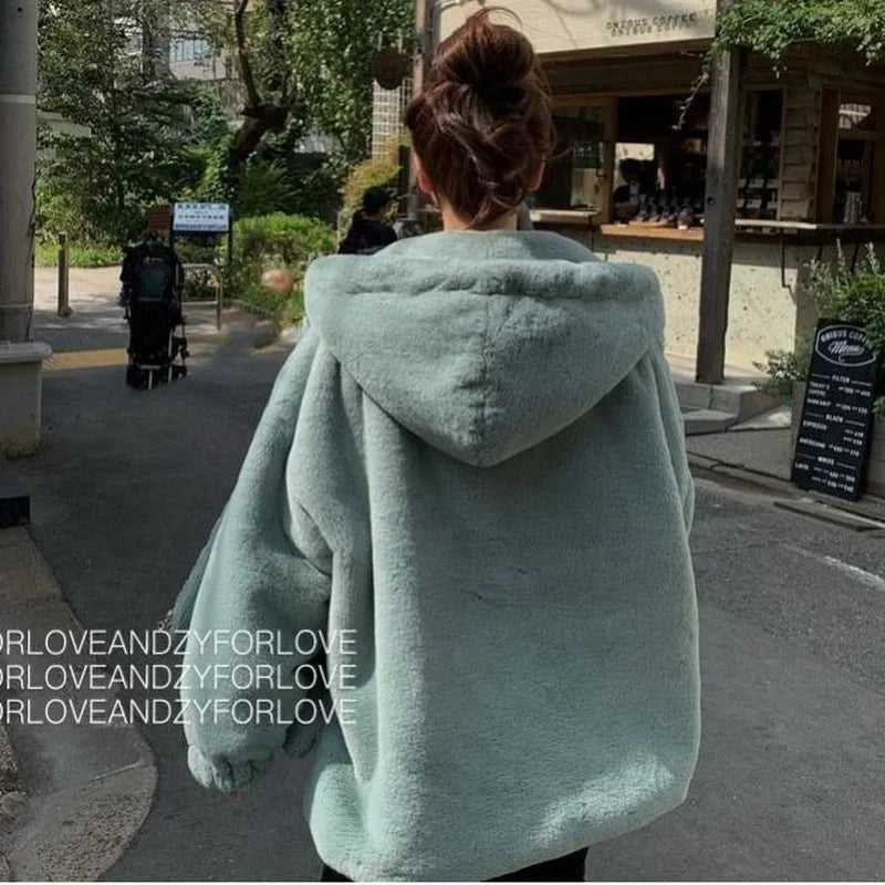 Women‘s Mink fleece hooded jacket winter new Y2K trendy plus cotton thick imitation fur ladies mink fur plus size clothing