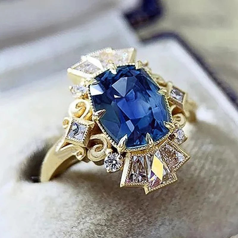 Blue Cubic Zirconia Lady Rings for Vintage Party Temperament Elegant Women Finger-ring