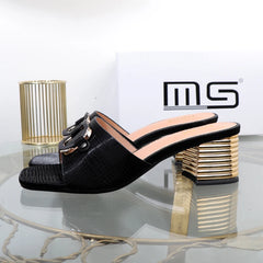 High-heeled women's slippers Summer of new thick-heeled square buckle plus size sandals wear high-value women's shoes