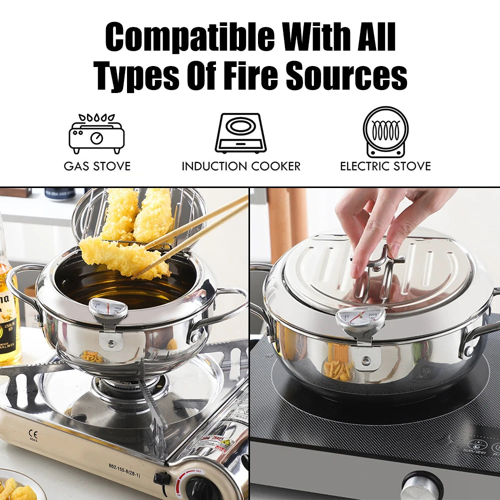 Stainless Steel 2 Handles 2.2L With Thermometer and Lid Tempura Fryer Pan Deep Frying Pot