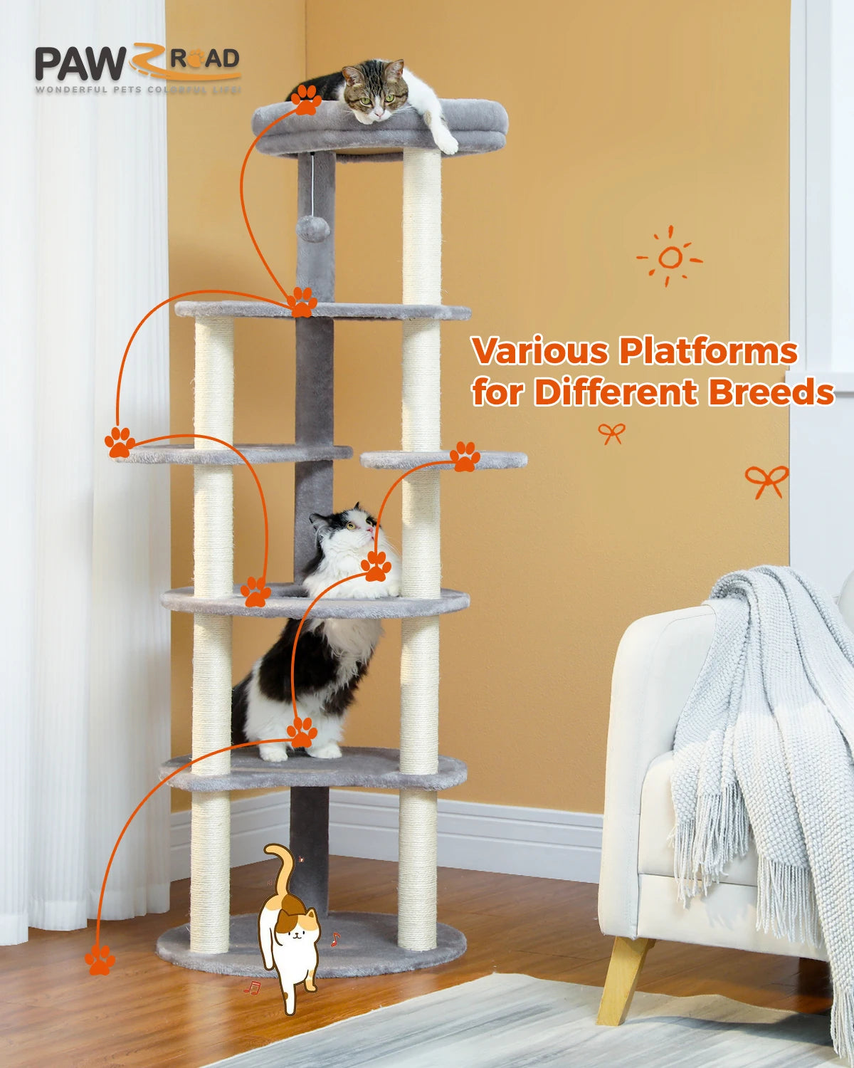 Tall Cat Tree for Indoor Cat 6-Levels Climbing Tower with 9 Scratching Post Wrapped in Natural Sisal Rope Large Top Perch