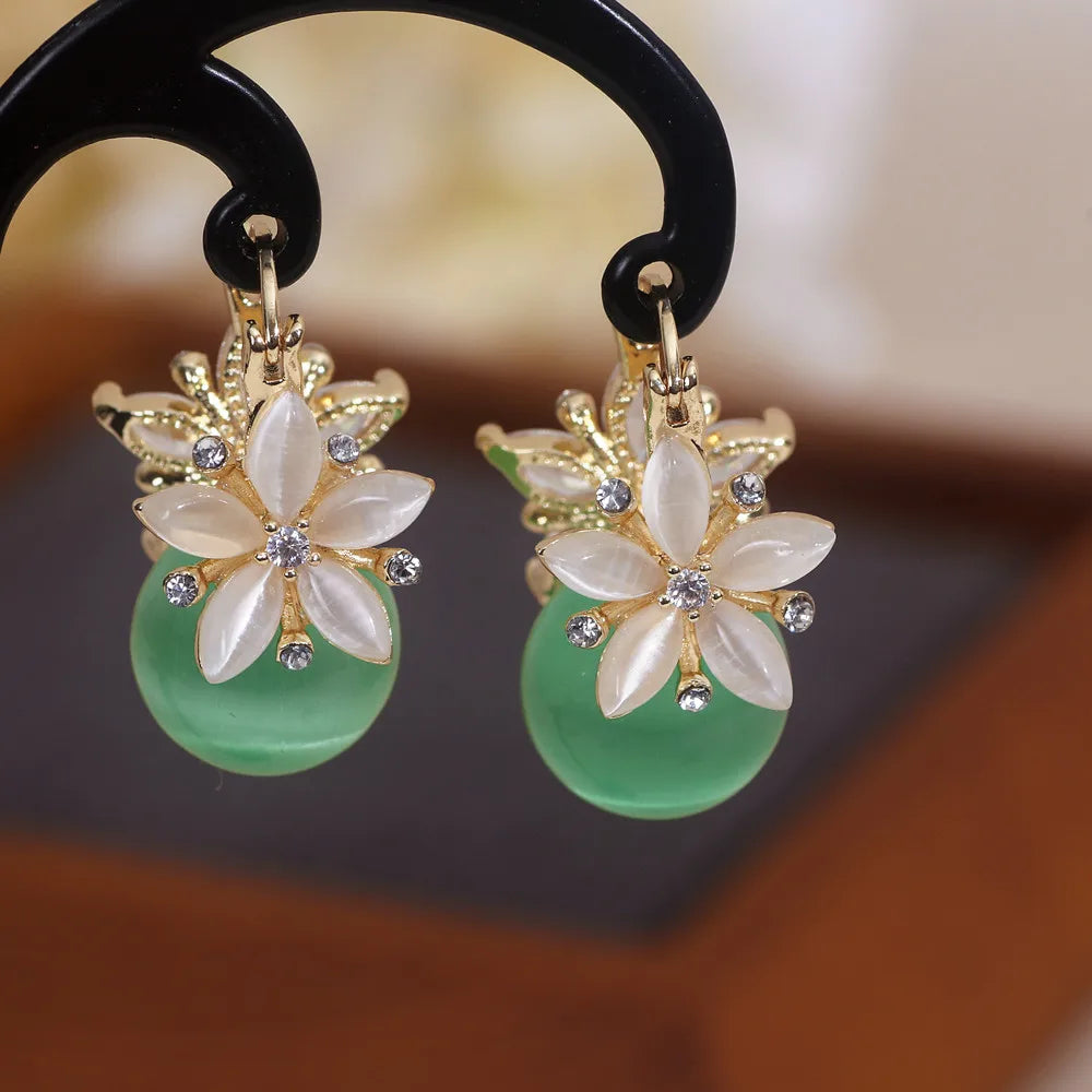 Trendy Female Green Opal Ball Drop Earrings Gold Color Wedding Party Earrings