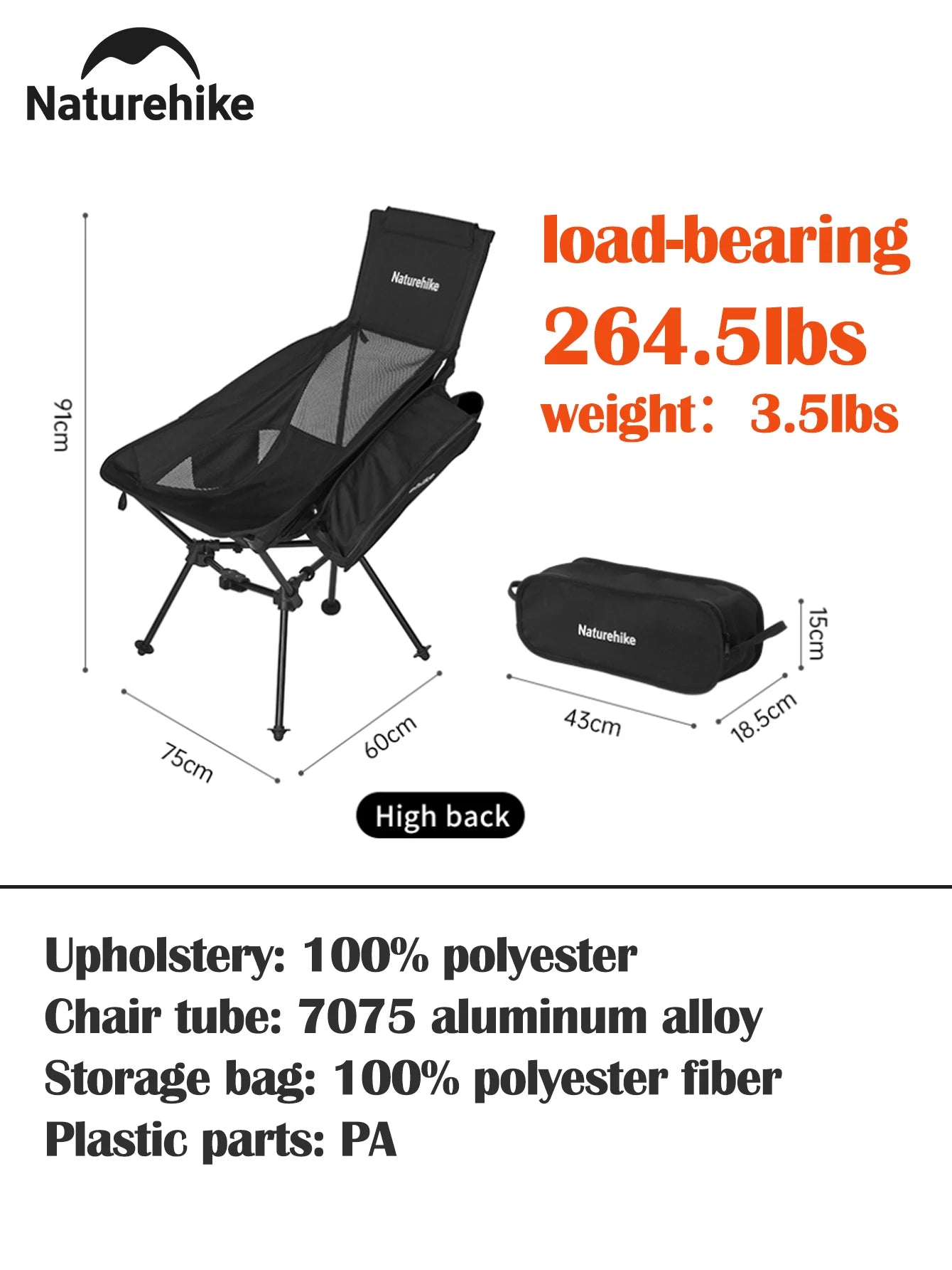 Naturehike Portable Folding High-back Chair Lightweight Fishing Tourist Leisure Chair Aluminum Alloy Outdoor Camping Furniture