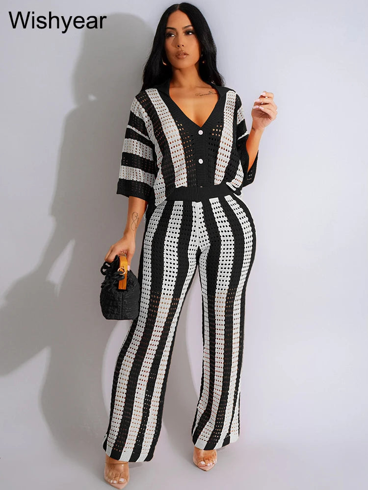 Summer Hollow Stripe Vacation Outfit for Women's Beach Lapel V Neck Half Sleeves Shirts and Wide Leg Pants