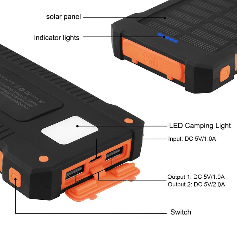 20000mAh Solar Power Bank Portable Solar Charger External Battery Pack for iPhone 14 Huawei Xiaomi Samsung Power bank with Light