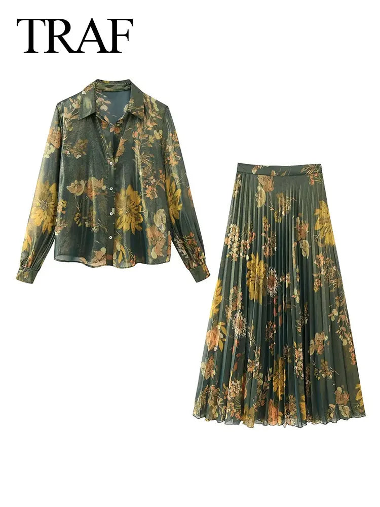 Women's Floral Print Casual Shirt Set  Women's Pleated A-Line Skirt Suit