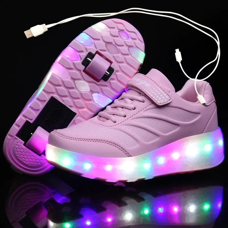 USB Charging Black Two Wheels Luminous Sneakers Led Light Roller Skate Shoes for Children