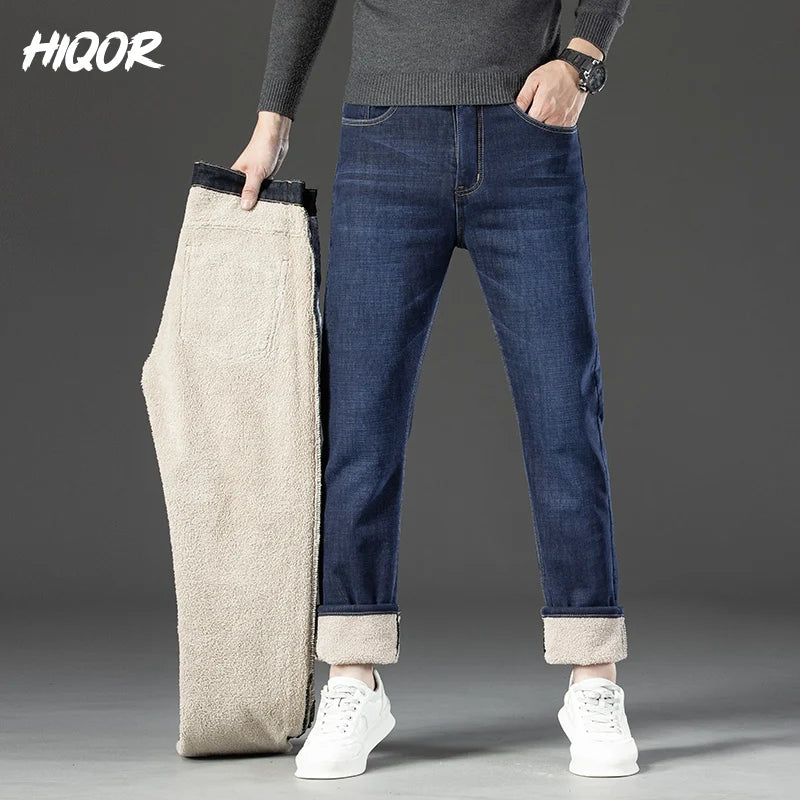 Stretch Straight Pants Man Lamb Fluff Baggy Jeans Business Casual Fleece Soft Denim Trousers