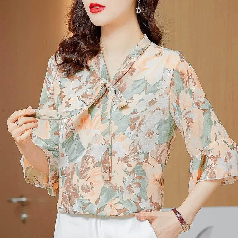 New Summer Women Floral Chiffon Blouse Shirts Loose Bow Lady Shirts Tops