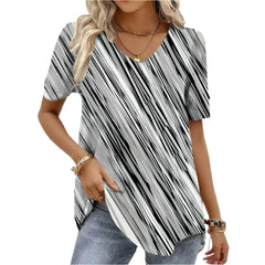 New Women's T-Shirt Summer V-Neck Tee Loose Casual Top Stripes Funny Printed Female Clothing Streetwear Women Pullover T Shirts