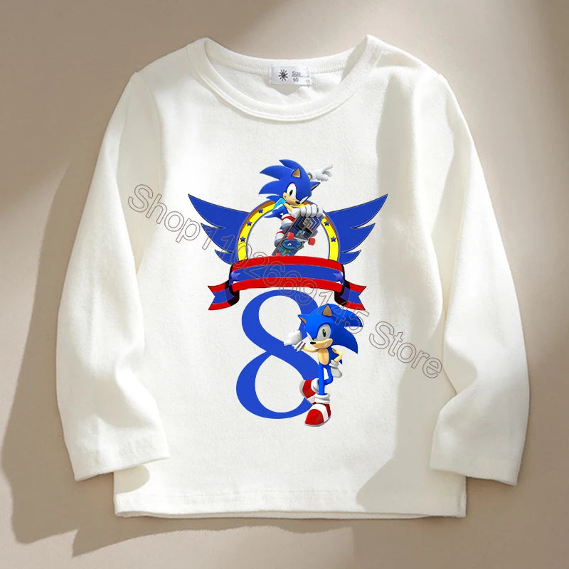 New Sonics Kids T-shirts Cartoon Birthday Number Printed Tops Boys Casual Long Sleeves T-shirt Winter Autumn Children Clothing