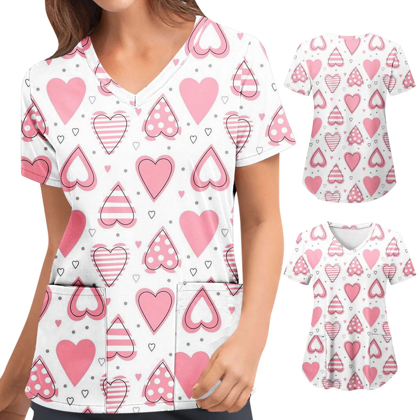 Short-sleeved Top For Nurses V-neck Women Valentine's Day Love Print Uniform Casual Women's Blouse