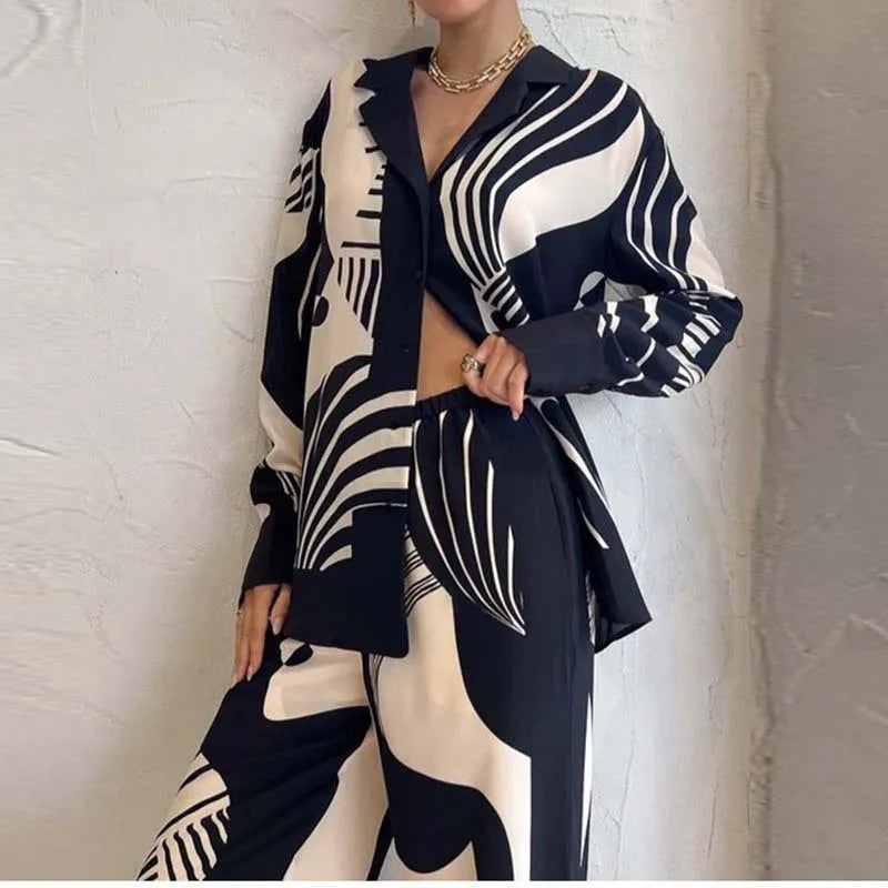 Women Digital Print 2 Piece Set Chic Lapel Long Sleeved Blouse Top Loose Straight Leg Pants Suit