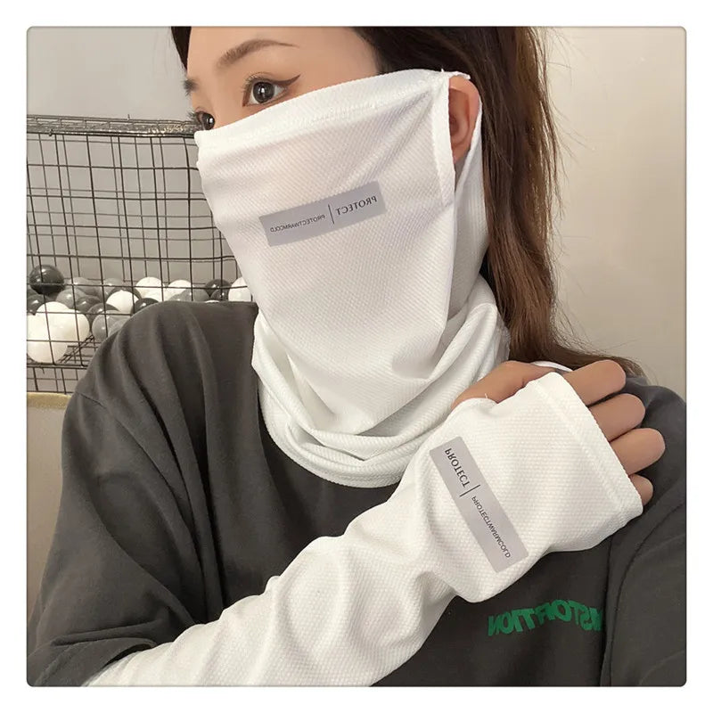 2Pcs Set Sun UV Protection Arm Sleeves Cooling Ice Silk Face Cover Summer Breathable Sunscreen Cycling Driving Long Gloves Mask