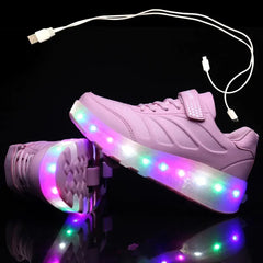 USB Charging Black Two Wheels Luminous Sneakers Led Light Roller Skate Shoes for Children