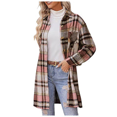 Autumn Women Fashion Plaid Shacket Single Breasted Color Blocking Lapel Blouse Jackets