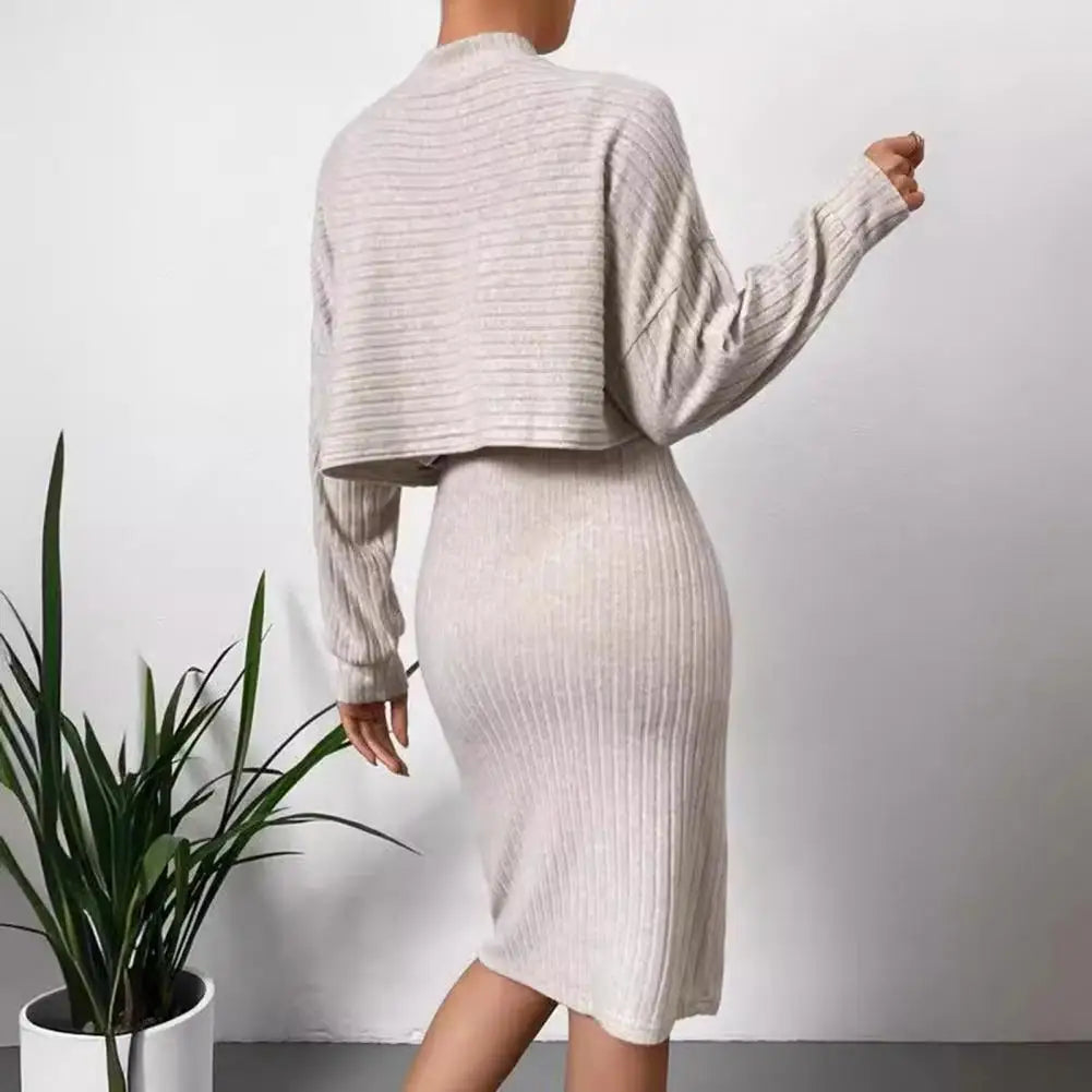 Women Outfit Sweater Top Dress Suit Mock Collar Thread Long Sleeve Blouse Sheath Slim Knitted Dress Set