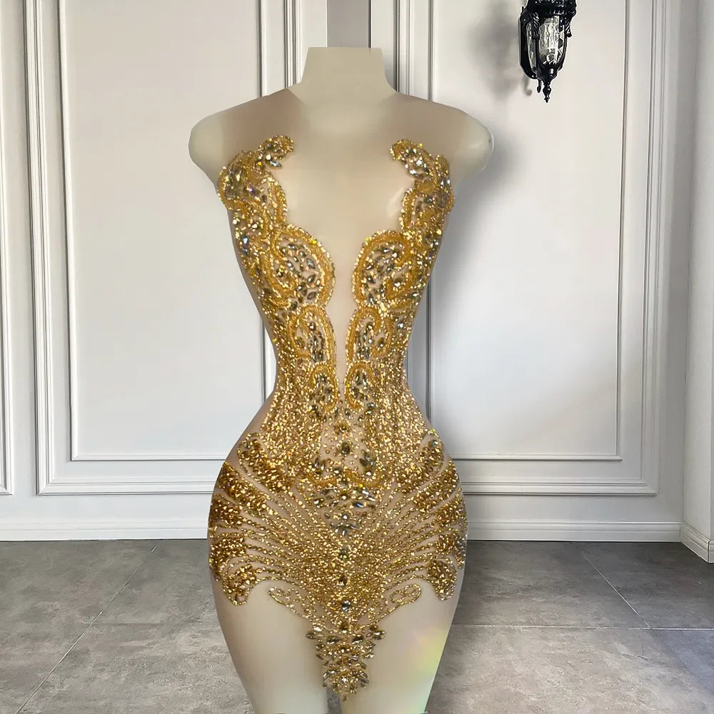 Short Prom Dress Golden Diamond Luxury Beaded Crystals Women Cocktail Party Gowns