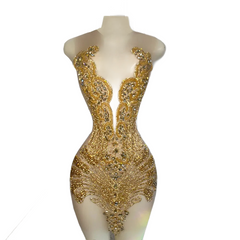 Short Prom Dress Golden Diamond Luxury Beaded Crystals Women Cocktail Party Gowns