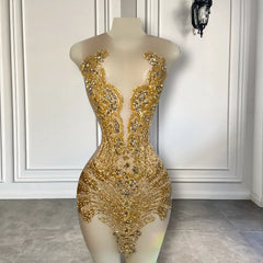 Short Prom Dress Golden Diamond Luxury Beaded Crystals Women Cocktail Party Gowns