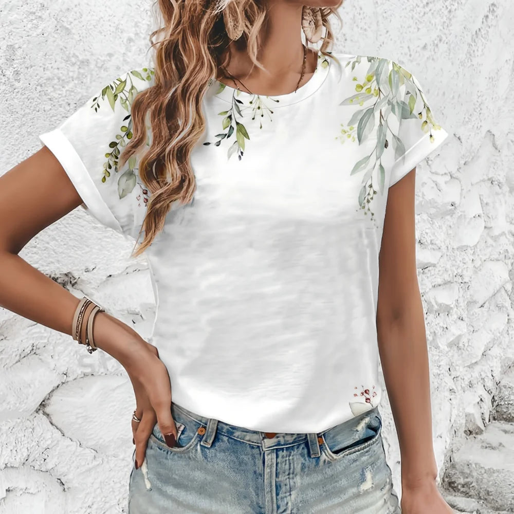 Women's Pure White Artistic Flower Pattern Print T-shirt Fashion Printing T-shirt