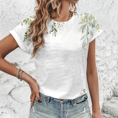 Women's Pure White Artistic Flower Pattern Print T-shirt Fashion Printing T-shirt