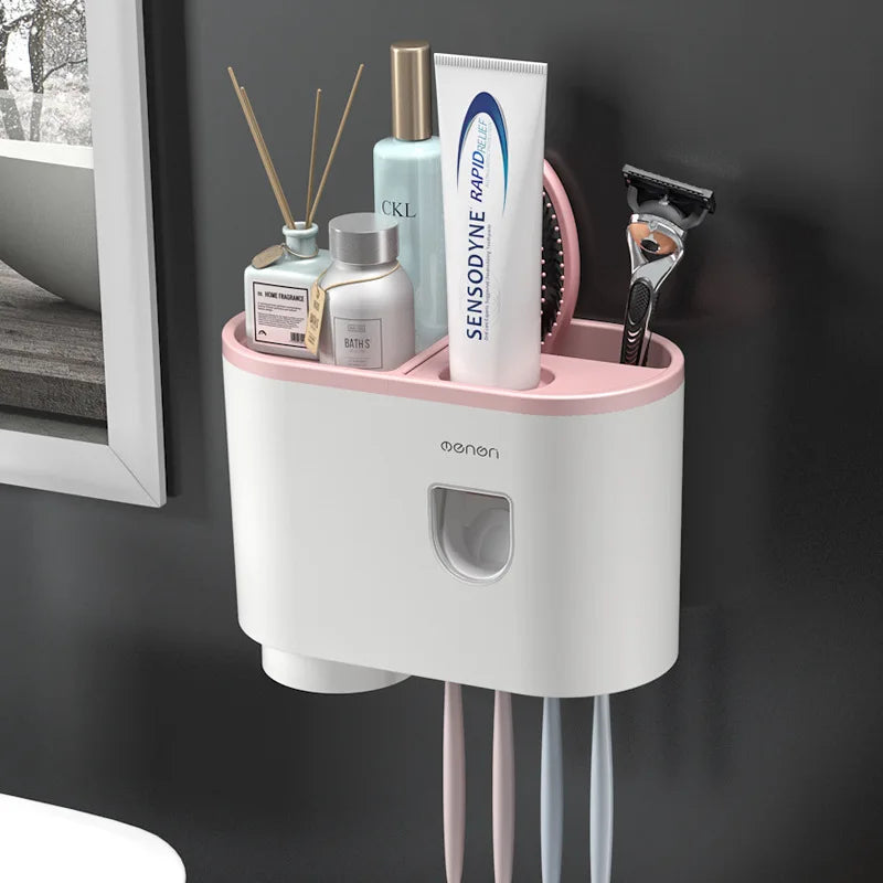 WIKHOSTAR Automatic Toothpaste Dispenser Multifunctional Storage Rack Wall Mounted Toothbrush Holder