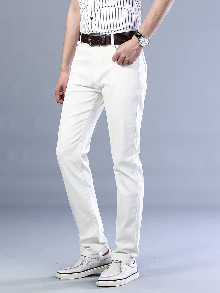 Autumn Classic Style Men's Slim White Jeans Business Casual Cotton Stretch Khaki Denim Pants