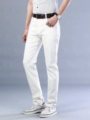 Autumn Classic Style Men's Slim White Jeans Business Casual Cotton Stretch Khaki Denim Pants