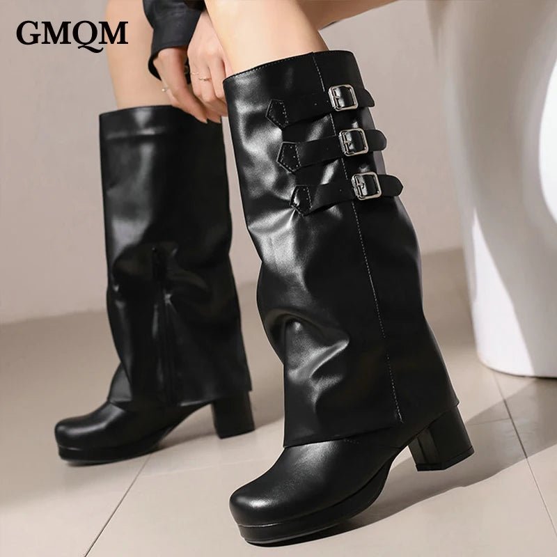 Fashion New Knee High Fold Over Boots Chunky heel Round Toe With Buckle Straps Side Zipper for Fall Winter