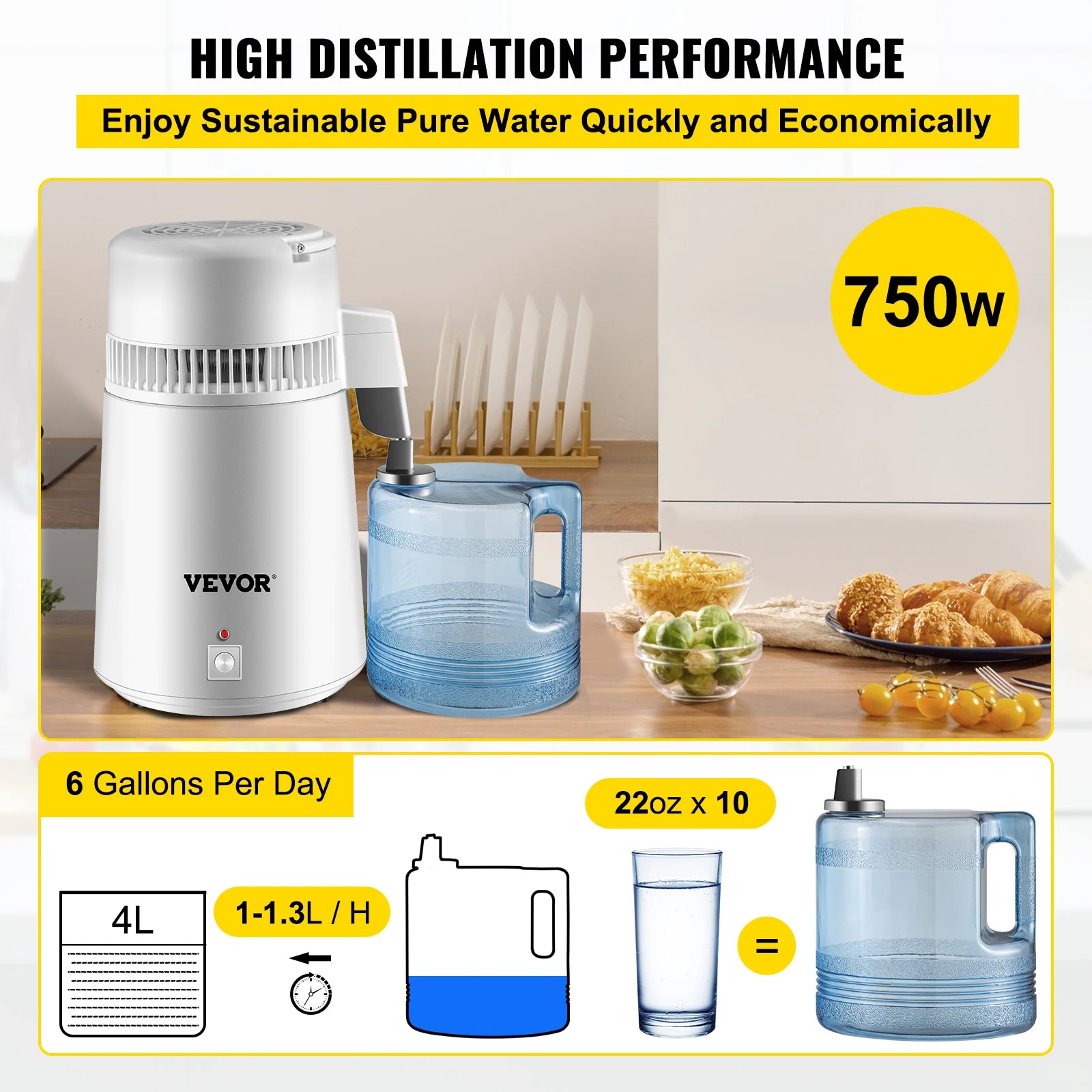 VEVOR 4L Water Distiller Purifier Filter Dispenser Heating Drinking Bottle Softener