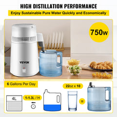 VEVOR 4L Water Distiller Purifier Filter Dispenser Heating Drinking Bottle Softener