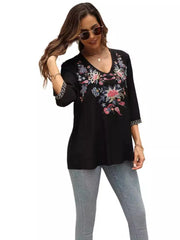 KHALEE YOSE Boho Floral Embroidery Blouse Shirt Black Summer Spring Mexican Shirt