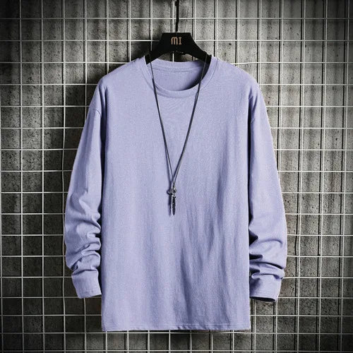 Harajuku Long Sleeve T Shirt Men Solid Color Cotton Soft O-Neck Basic Tops Tees