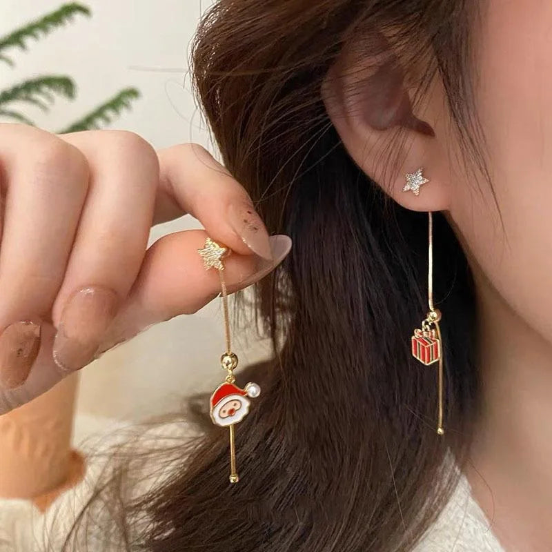 Asymmetric Snowflake Christmas Boot Hat Drop Earrings for Women Moving Santa Claus Long Tassel Earring